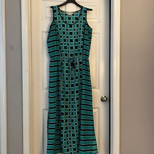 MICHAEL KORS 1X TEAL & BLACK SLEEVELESS GEOMETRIC MAXI DRESS
